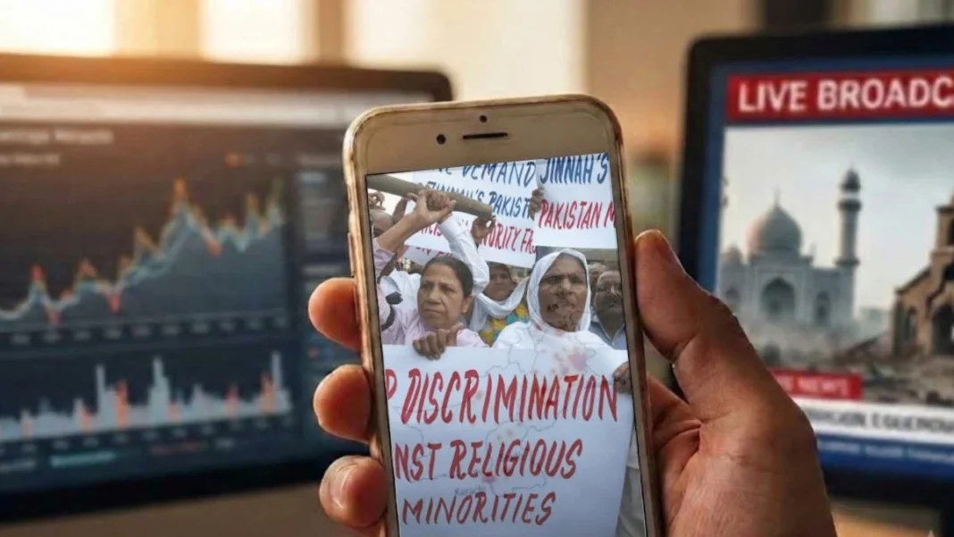 Minorities in Pakistan into News Media Pakistan An image of a hand holding a gold smartphone in an office setting. The smartphone screen displays a white background with a minimalist outline map of Pakistan, which features an intense orange and red heat map concentration of targeted data points over its eastern regions. The regional labels "KP," "Sindh," "Karachi," and "Jaranwala" are marked directly on the map. In the background, two computer monitors are blurred out of focus; the monitor on the left shows complex financial or data analytics charts, while the monitor on the right displays a "LIVE BROADCAST" banner with silhouettes of a mosque and a damaged church building.